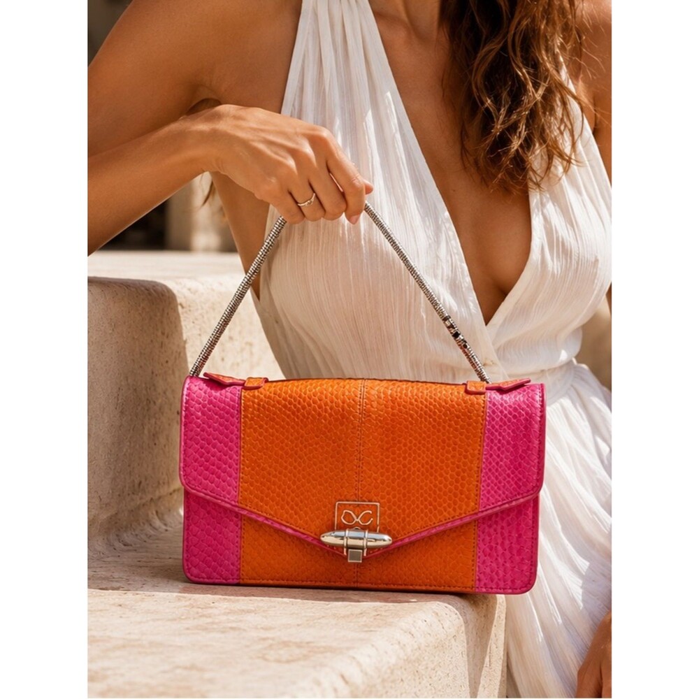 MONIKA CHIANG NWT Colorblock Embossed Leather Clutch  Bag Pink Orange Purse Y2K